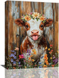 Funny Cow Bathroom Pictures Wall Art, Rustic Brown Cute Cow Bathroom Wall Decor, Farmhouse Floral Framed Painting Animal Flower Canvas Artwork for Bedroom Living Room Decorations 20"L x 16"W