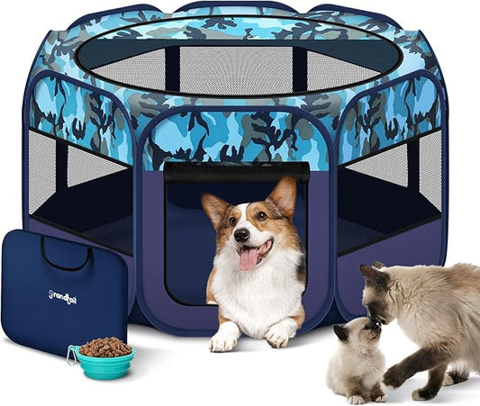 Dog Playpen, Pet Playpen, Portable Cat Playpen, Foldable Puppy Playpen Exercise Kennel Tent with Carry Case Collapsible Bowl,Water-Resistant Shade Cover for Indoor Outdoor Travel （Bule,Medium）