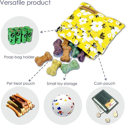Dog Treat Pouch, Pocket Sized Pet Training Pouch, Cotton Fabric, Hand Free Yellow Flower Dog Walking Bag with Carabiner, Self-Closing Pet Feed Snack Reward, for Puppy Travel or Outdoor Use