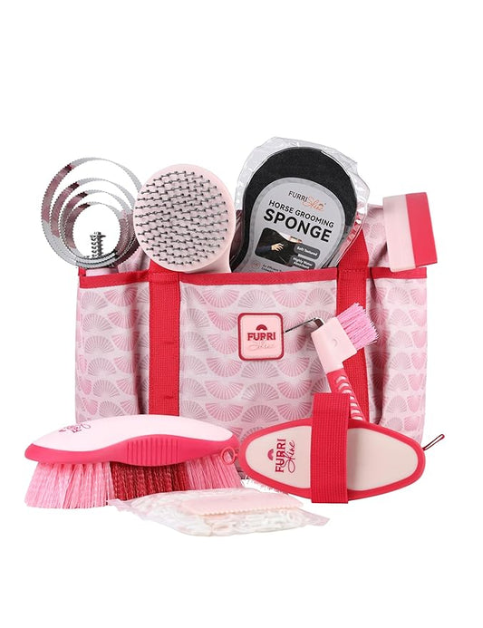 9PCS Horse Grooming Kit Curry Comb Sweat Scraper Horse Bathing Supplies Grooming Tools with Storage Bag Pink Garnet