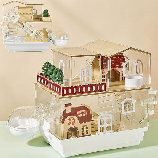 12 in 1 Clear Acrylic Hamster Cage with All Accessories,13.5''L* 10''W* 15''H Dwarf Hamster Cage,Magnetic Connection Small Hamster Enclosure,Garden Style Wooden Mouse Cage for Pet Mice(2-Layer,White)