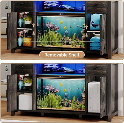 75 Gallon Fish Tank Stand with LED Light & Power Outlets, 55-75 Gallon Heavy Duty Metal Aquarium Stand with Drawers & Barn Doors, Cabinet for 2 Fish Tank Accessories Storage, Dark Oak