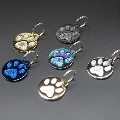 Engraved Pet Tag for Dogs and Cats - Personalized Front & Back up to 4 Lines of Text Custom Engraved ID, Round Paw Print Solid Plating Stainless Steel Nebula Small