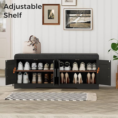 2-Tier Storage Bench, Shoe Bench with Thickened Padded Seat Cushion, Entryway Bench with 4 Doors, Adjustable Shelf, 13.8" D x 45.3" W x 18.5" H, for Entryway, Living Room, Bedroom, Black