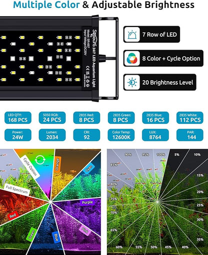 Aquarium Light for Fish Tank, 24/7 Custom Timer, Power-Off Memory, 7-Row LED 24-30in Full Spectrum Fish Tank Lights, 8 Colors, 20 Brightness, Day&Night Cycle, Adjustable Mount for Freshwater