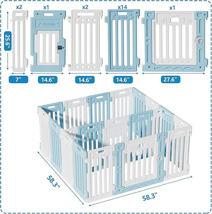 2 Room Dog Playpen with Door,DIY Shape Combination Puppy Pen,16-Panel+2 Link Piece+Large Door+Small Door,25.5" H Dog Fence,Non-Slip&Secure Pet Gate,Easy to Assemble,Blue+White