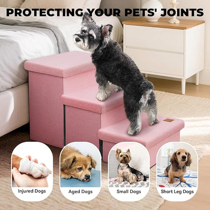 Dog Stairs with Furry Lids 18" H, 3-Step Wider Dog Steps with Storage for Small/Medium/Large Dogs Cats, Folding Sturdy Pet Stairs Climbing Bed or Sofa, Ramp for Car Hold Up to 200 lbs, Pink