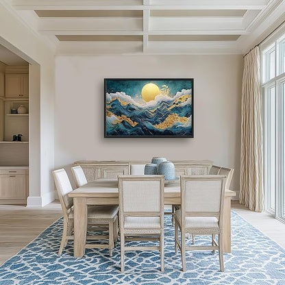 Framed Large Sun Mountain Wall Art, Oversized Teal and Golden Sun Wall Decor for Living Room, Abstract Landscape Canvas Painting Modern Artwork Home Decoration for Living Room Bedroom 36"x24"