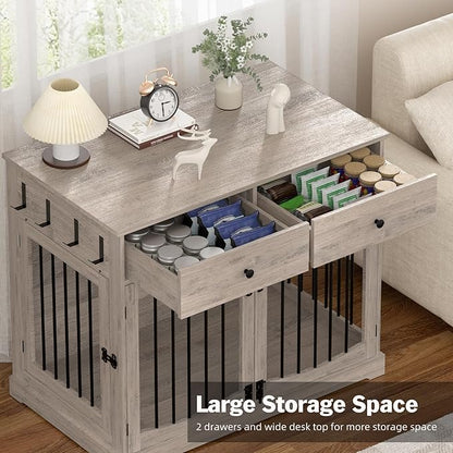 40 Inch Furniture-Style Dog Crate-Multipurpose Wood Pet Crate Furniture with Double Doors,2 Drawers, Decorative Dog House Indoor for Smal/Medium Dogs, Gray Finish