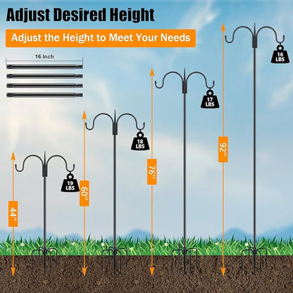 FEED GARDEN Adjustable Double Shepherds Hook for Outdoor with 5 Prong Base 92 Inch Heavy Duty Two Sided Bird Feeder Pole for Hanging Plant Baskets, Solar Light Lanterns, Wind Chimes