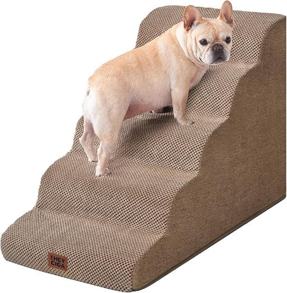 EHEYCIGA Curved Dog Stairs Ramp for High Beds, 5-Step Extra Wide Dog Steps for Small Dogs and Cats, Pet Stairs for High Bed Climbing, Non-Slip Balanced Pet Step Indoor, Camel