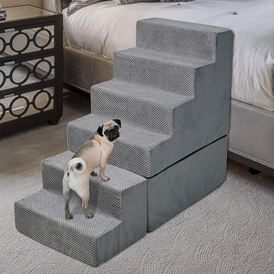 Dog Steps for High Beds 30-32" H - 6-Step Dog Stairs for Small Dogs, 33D Foam Pet Steps for High Bed with Non-Slip Bottom and Washable Cover, Dogs Ramp for Bed Indoor, Grey