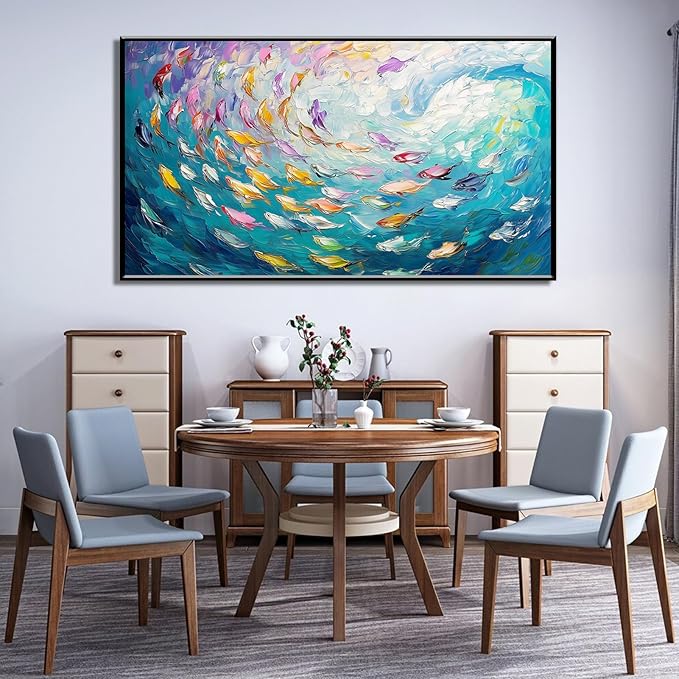 Fish Canvas Wall Art, Abstract School of Fish Canvas Wall Art, School of Fish Painting Canvas, School of Fish Wall Art, Fish Wall Decor, Fish Pictures Wall Decor, Bedroom Canvas Wall Decor (Gold Framed, 30"x17" | 76x43cm)