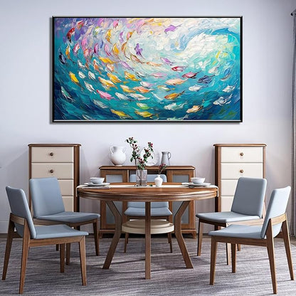 Fish Canvas Wall Art, Abstract School of Fish Canvas Wall Art, School of Fish Painting Canvas, School of Fish Wall Art, Fish Wall Decor, Fish Pictures Wall Decor, Bedroom Canvas Wall Decor (Gold Framed, 69"x39" | 174x98cm)