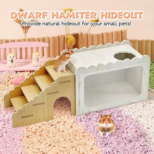Fhiny Hamster Hideout Wooden Chamber with Climbing Ladder, Visible Hamster Digging Box with Acrylic Transparent Board Gerbil Platform Exploring House Habitat Decor for Dwarf Hamsters Gerbils Mice