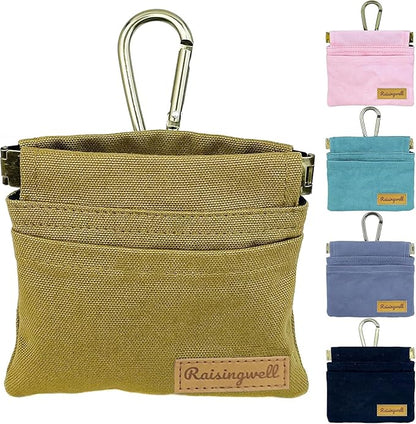 Dog Treat Pouch, Brown Pocket Sized Pet Training Pouch, Cotton Fabric, Hand Free Dog Walking Bag with Carabiner, Self-Closing Pet Feed Snack Reward, for Puppy Travel or Outdoor Use