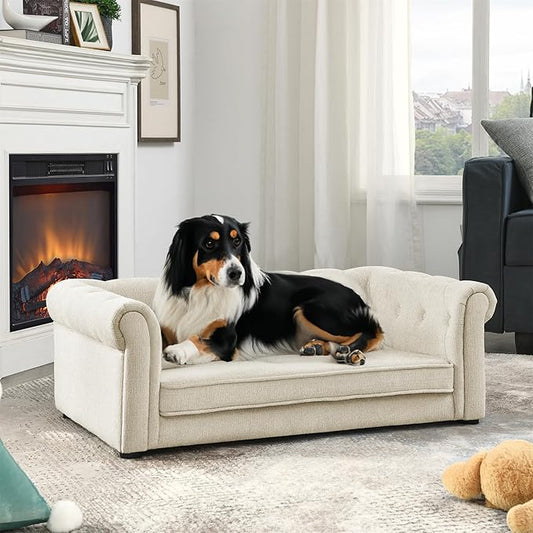 Dog Sofa Couch for Medium to Large Dogs, 31" Memory Foam Dog Couch with Washable Fabric, Removable Cushion, Sofa Bed for Medium and Large Dogs, Beige