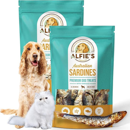 ALFIE'S TREATOS Sardines for Dogs & Cats (5.3 oz, 2x2.65 oz), Value Bundle, Air-Dried Fish Dog Treats, Omega-3 Food Topper, Single Ingredient, Australian Wild-Caught, Freeze-Dried Alternative