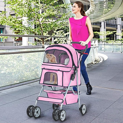 Dog Stroller, Folding 4 Wheels Pet Stroller for Small Medium Dog Cat Travel Carrier with Weather Cover Storage Basket Cup Holders Pink