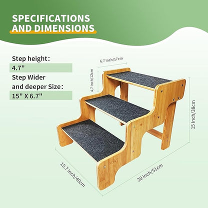 Dog Stairs for Small Dogs,3-Step Bamboo Wooden Dog/Pet/Cat Steps Ramp for Couch Sofa,Bed and Car, Can Support Weighing Up to 160 LB,
