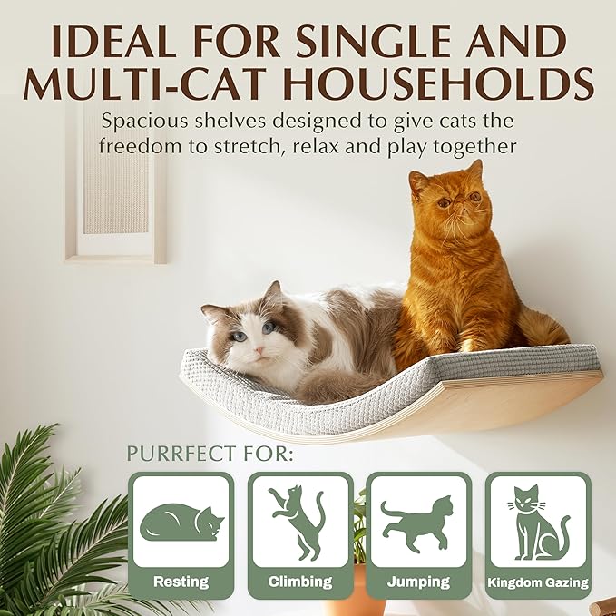 Extra Large 23.6”×14.6” CALLICO HAVEN- Stylish Cat Wall Shelves with Curved Design, Modern Wall-Mounted Cat Tree Hammock with Soft Cushion, Sturdy/Hidden Mounts, Washable Cover, Sleek Design -C Shape