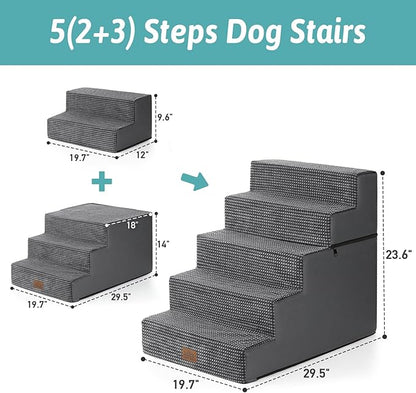 Dog Stairs for Small Dogs, 5 Tier Removable Wider Pet Stairs for Couch and Bed, 23.6" H Non-Slip Dog Steps for Puppies and Old Cats with Support Board, 29.5x19.7x23.6 inch, Dark Grey