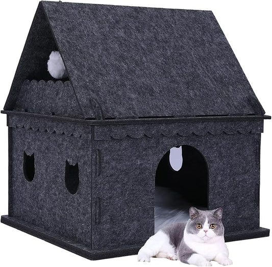 2-Tier Indoor Cat Apartment，Cozy Pet Cat Bed, Hideaway, and Sturdy Cat Castle for Multiple and Large Cats