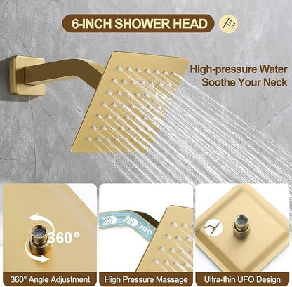 12 Inch Rain Shower System, Brushed Gold Shower Faucet Set with Push Button Diverter, 6 Inch Wall Mounted 3-Functions Bathroom Shower Systems with Dual-Function Handheld (Thermostatic, Gold Brushed)