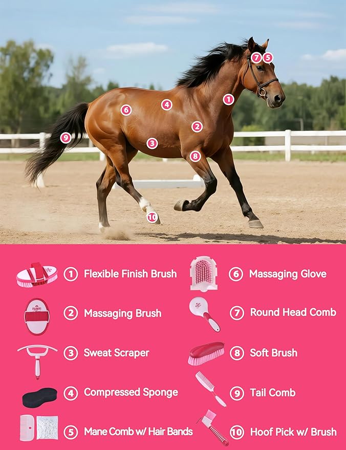 11PCS Horse Grooming Kit Curry Comb Sweat Scraper Horse Bathing Supplies Grooming Tools with Storage Bag Pink Garnet