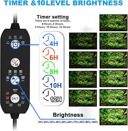 24/7 Mode Led Aquarium Light for Plants Growth-Full Spectrum Fish Tank Light with Timer, Auto On/Off, 7 Colors, Adjustable Brightness, 14W for 12 to 18 Inch Freshwater Tank