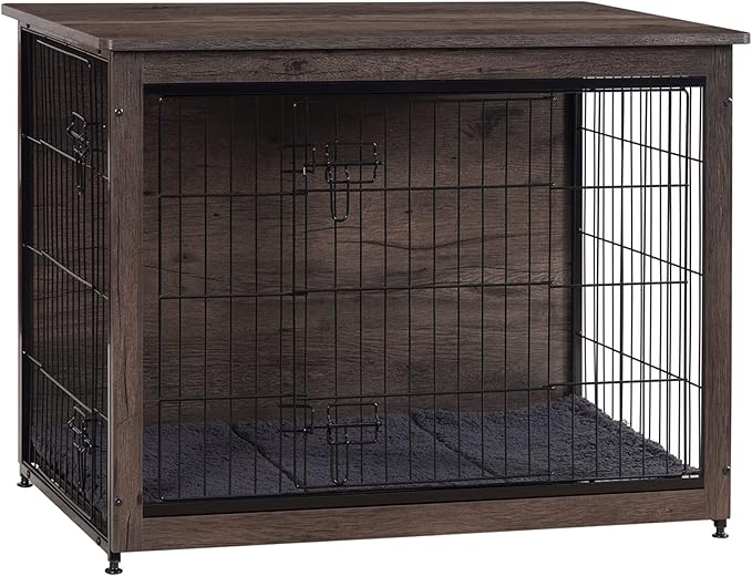 DWANTON Dog Crate Furniture with Cushion, Wooden Kennel Table with Double Doors, Indoor Dog House, Medium Size, 32.5" L, Dark Gray