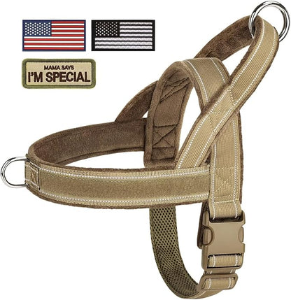 Forestpaw No Pull Dog Harness - Soft Flannel Padded Tactical Dog Vest Harness with Quick Release Buckle, Adjustable Reflective Pet Harness for Medium Large Dogs Walking Training,Brown L
