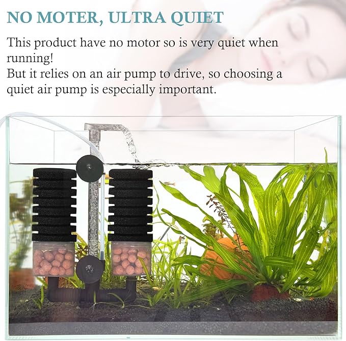 Air Powered Aquarium Sponge Filter with Biochemical Sponge and Ceramic Balls, Quiet Submersible Fish Tank Filter for 15-40Gallon （L-8.7in）