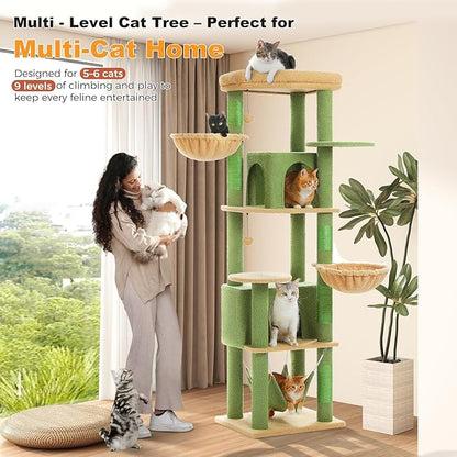 71.2" Large Cat Tree for Multi-Cat Households - 9-Level Cat Tower w/5 Sisal Scratching Posts, 2 Condos, Soft Hammock, Top Perch & Pom Poms - Heavy-Duty Space-Saving Design, Cactus Green