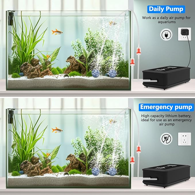 fishkeeper Rechargeable Aquarium Air Pump, 8W 130GPH Ultra Quiet Fish Tank Air Pump for 10-120 Gallon Tanks Adjustable Oxygen Aerator Pump for Outdoor-Fishing, Power Outages and Emergency