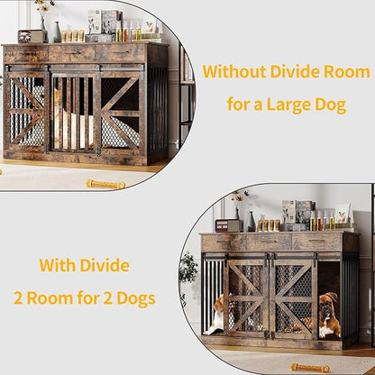 48'' Dog Crate Furniture with Removable Divider & Storage Drawers, Wooden Double Dog Cage TV Stand with 2 Sliding Barn Doors, Multi-Functional Dog Crate End Table for Indoor use (Retro Brown)