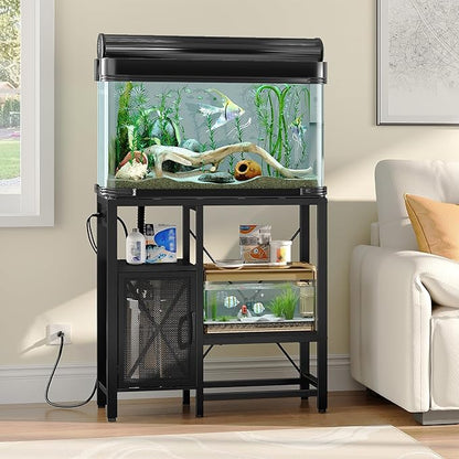 20-37 Gallon Fish Tank Stand, Aquarium Stand with Power Outlet and Storage Cabinet, Heavy Duty Tank Stand Suitable for Turtle Tank, Reptile Terrarium, for Home Office, Black FTHB40E01