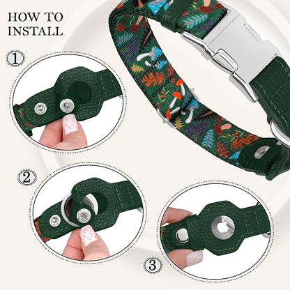 AirTag Dog Collar for Small Medium Large Breed - Adjustable Cute Pattern Dog Collar with Airtag Holder - Soft Leather Tracker GPS Apple Air Tag Pet Collars (Large, 17"-21" Neck Fit, Mushroom)