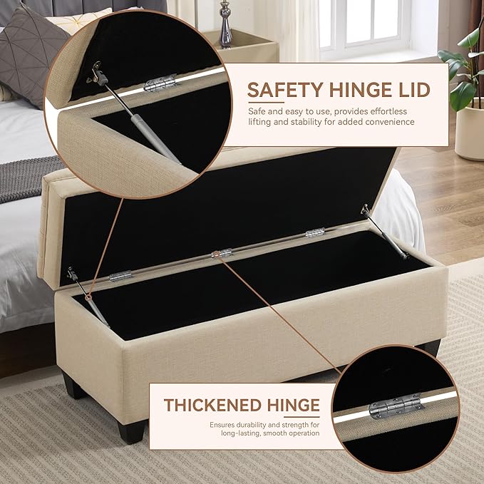 51" Fabric Storage Ottoman Bench, Upholstered Rectangle End of Bed Storage Ottoman Tufted Living Room Bedroom Bench with Safety Hinge, Solid Wood Legs, Loads 500 lb(Khaki)