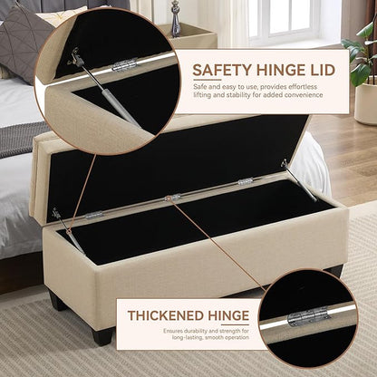 51" Fabric Storage Ottoman Bench, Upholstered Rectangle End of Bed Storage Ottoman Tufted Living Room Bedroom Bench with Safety Hinge, Solid Wood Legs, Loads 500 lb(Khaki)