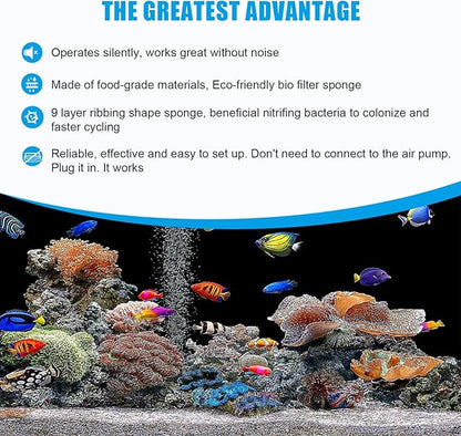 AQQA Aquarium Sponge Filter, Power Driven Double Biochemical Water Filter, Quiet Submersible Foam Filter with 2 Extra Sponges, 1 Bag of Filtered Ceramic Balls for Fresh and Salt Water Fish Tank (S)