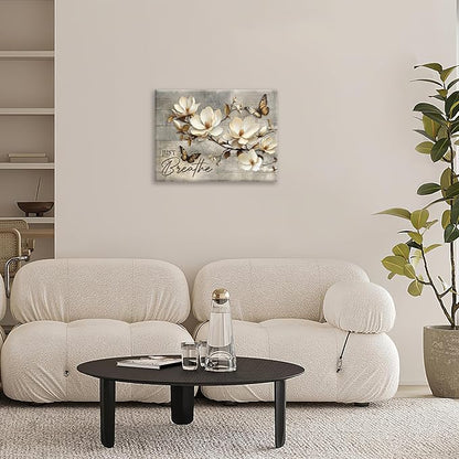 Floral Magnolia Bathroom Pictures Wall Art, Just Breathe Bathroom Wall Decor, Flower Butterfly Framed Painting Canvas Artwork for Bedroom Living Room Decorations 16"L x 12"W