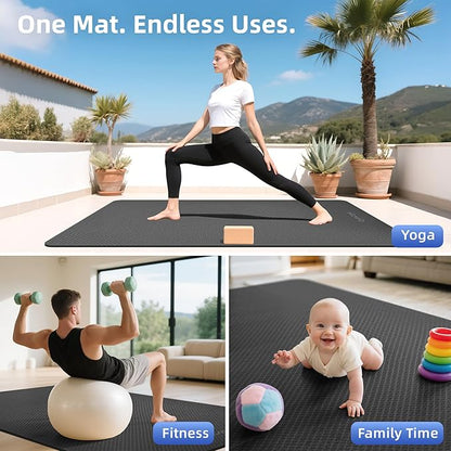 Extra Large Yoga Mat - 72"x35", 72"x48", 78"x57" - Wide TPE Exercise Mat for Home, Stretching, Couples & Family Workouts - 6-12mm Thick, Non-Slip & Waterproof - with Carry Bag and Straps