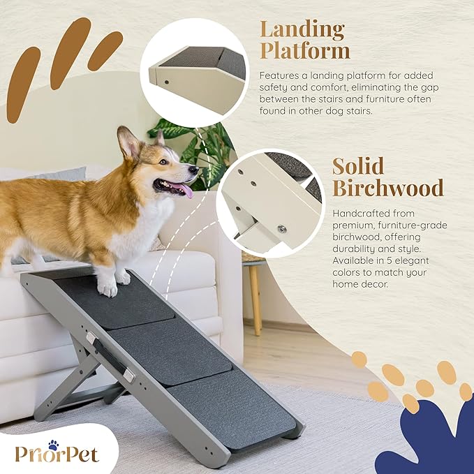Dog Steps for Bed & Couch 2-in-1 Dog Stairs/Ramp - Height Adjustable Dog Ramp for Couch 7” - 20” - Pet Stairs, Dog Stairs for Small Dogs - Easy to Move Pet Steps with Landing Platform, Gray