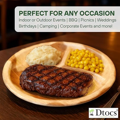 Dtocs 3 Compartment Plates (50 Pc) Palm Leaf 10 Inch Round Portion Control Buffet Sectional Plate | Bamboo Plates Disposable Like Compostable Camping Dinnerware Stronger than Divided Paper, Styrofoam