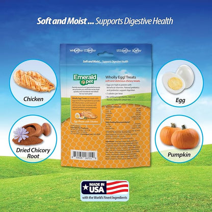 Emerald Pet Wholly Egg Digestive Health Cat Treats - Soft and Moist cat Treats for Healthy Digestion - Natural Prebiotics and Probiotics for cat Digestion - Chicken Treats, 2.5 oz
