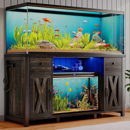 75 Gallon Fish Tank Stand with LED Light & Power Outlets, 55-75 Gallon Heavy Duty Metal Aquarium Stand with Drawers & Barn Doors, Cabinet for 2 Fish Tank Accessories Storage, Dark Oak