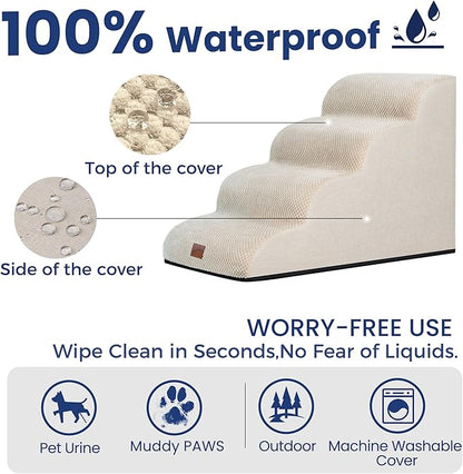 GoGoBunny Waterproof High Density Foam Curved Dog Stairs for High Beds Couches 19.7" H, 4-Step Ramp Dog Steps Friendly to Small Medium Dogs or Pets Joints, Non-Slip Balanced Durable Pet Step, Beige