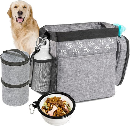 Dog Travel Bag with Treat Pouch, Airline Approved Dog Bags for Traveling, 2 Dog Food Travel Container, 2 Travel Bowls, Weekend Dog Travel Bag for Supplies, Dog Travel Kit Accessories