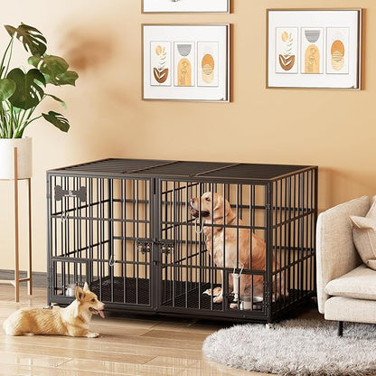 54 inch XL Dog Crate for Large Dog/Double Medium Dogs,Heavy Duty Metal Dog Cages,All Metal Open Top,Dog Kennel Indoor with Wheels,Floor Grid, Tray, Divider and Feeding Bowl